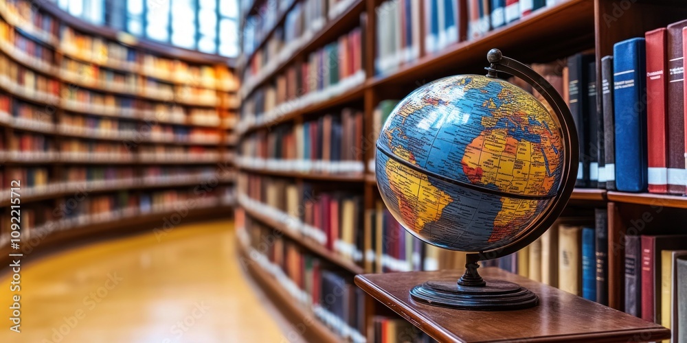 Aufkleber a globe sits in a library, surrounded by shelves of books, symbolizing knowledge and exploration.