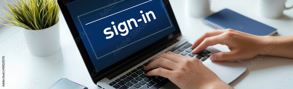 Aufkleber A person signing into a laptop with a sign-in screen displayed.