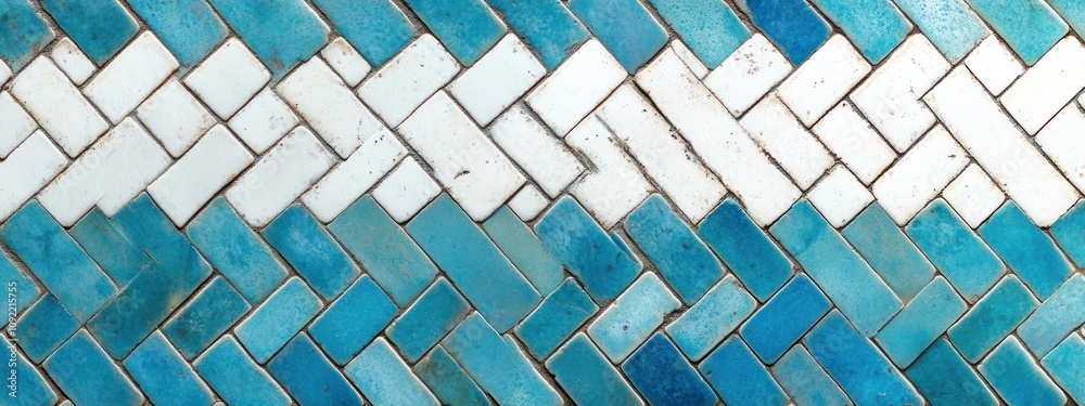 Poster a decorative mosaic pattern featuring various shades of blue and white tiles arranged in a herringbo