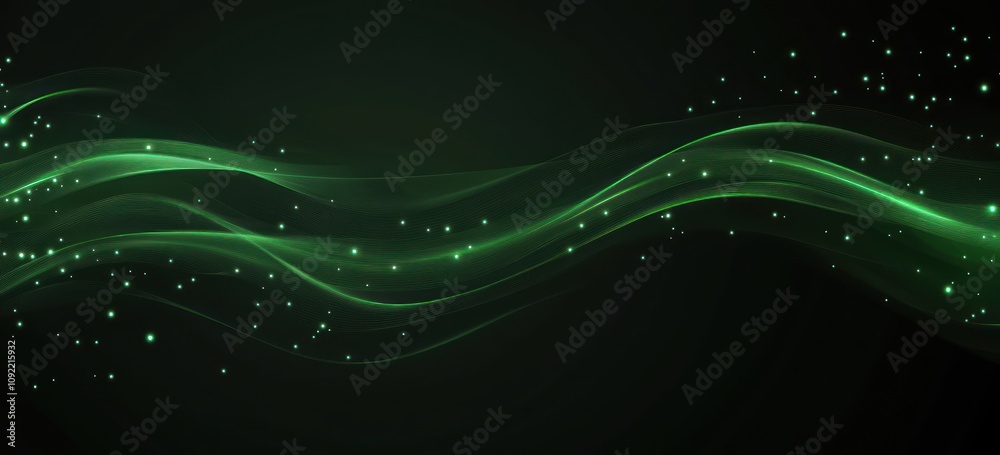 Aufkleber Abstract green waves with sparkling elements on a dark background.