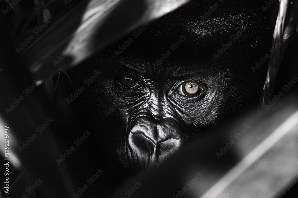 Poster a close-up of a gorilla's face peering through foliage, highlighting its expressive features.