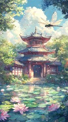 Obraz premium Serene traditional pavilion surrounded by a tranquil pond and lush greenery.