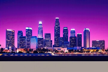 Obraz premium Stunning Los Angeles Night Skyline Displaying Unique Architecture Against a Purple Backdrop