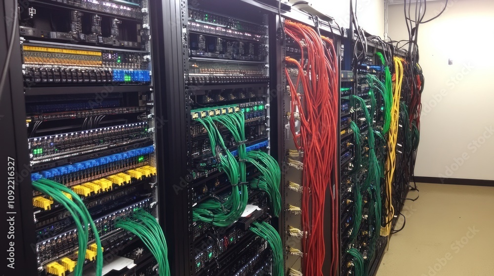 Poster Network Server Room With Extensive Colorful Cabling