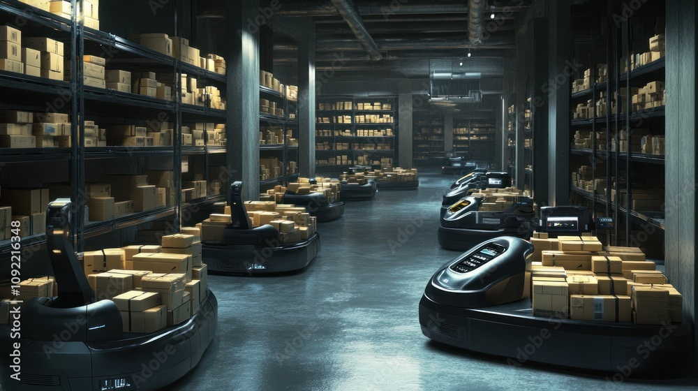 Poster Automated Warehouse Robots Transporting Packages Through Aisles