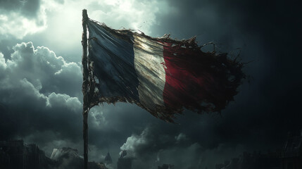 Tattered French Flag in Stormy Skies
