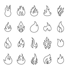 Fire flames, set vector icons Fire and flames outline icon set. Contour bonfire, linear flaming elements. Hand drawn monochrome different fire flame vector illustration. vector fire flame set isolated