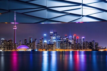 Naklejka premium Stunning Toronto Night Skyline Featuring Illuminated Skyscrapers and Sleek Silver Aesthetic