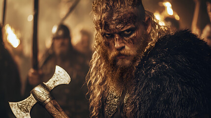 Fierce Viking Warrior Portrait with Axe and Helmet in Dramatic War Scene
