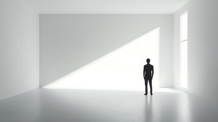 Fototapeta premium A solitary silhouette of a man standing in a bright, empty room with a window.