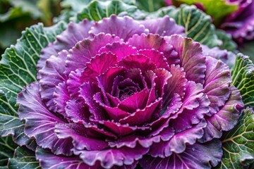 Obraz premium Close-Up Portrait of Ornamental Cabbage with Curly Purple Leaves and Water Droplets, Showcasing the Beauty of Decorative Vegetables in Autumn