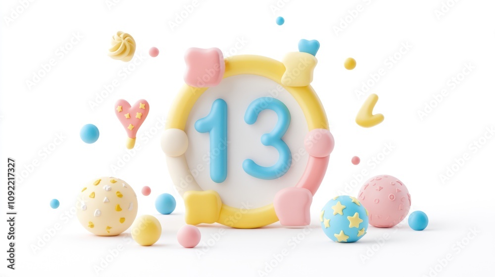 Poster A colorful, playful design featuring the number 13 with decorative elements.