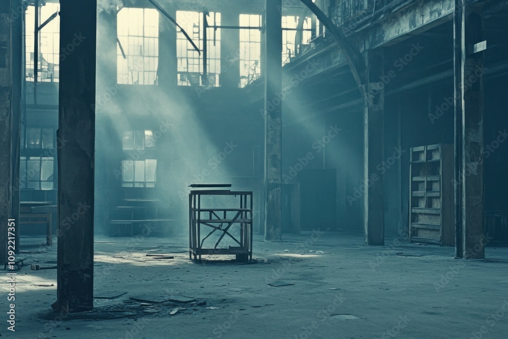 Poster An abandoned industrial space with beams of light illuminating dust and empty surroundings.