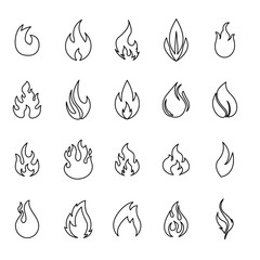 Fire flames, set vector icons Fire and flames outline icon set. Contour bonfire, linear flaming elements. Hand drawn monochrome different fire flame vector illustration. vector fire flame set isolated