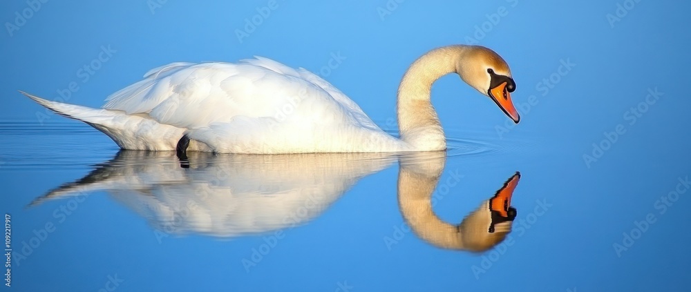 Aufkleber a serene swan gliding on calm water, creating a beautiful reflection against a blue backdrop.