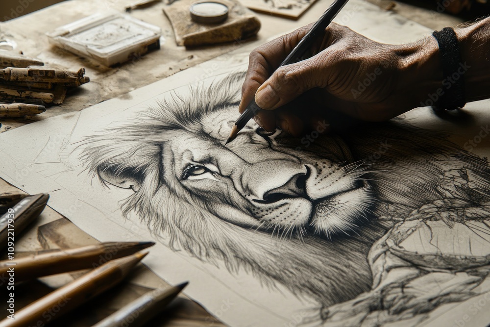 Poster a hand sketches a detailed lion portrait using pencils on a textured surface.
