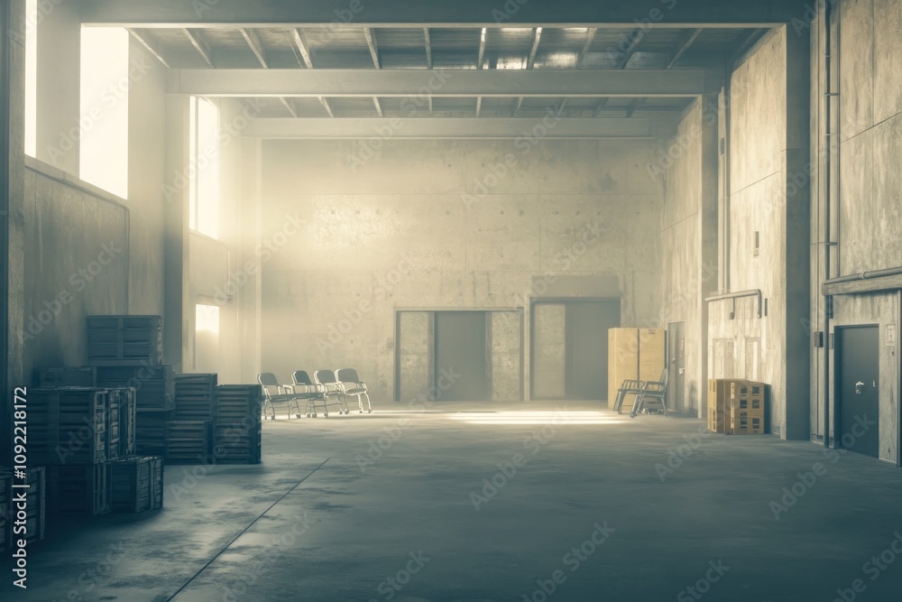 Poster a spacious, empty industrial warehouse with light streaming through windows.