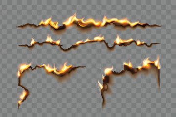 Burning paper edges with glowing flames and dark scorched borders on transparent background. Realistic 3d curved patterns with different stages of combustion with orange and yellow fire tongues.