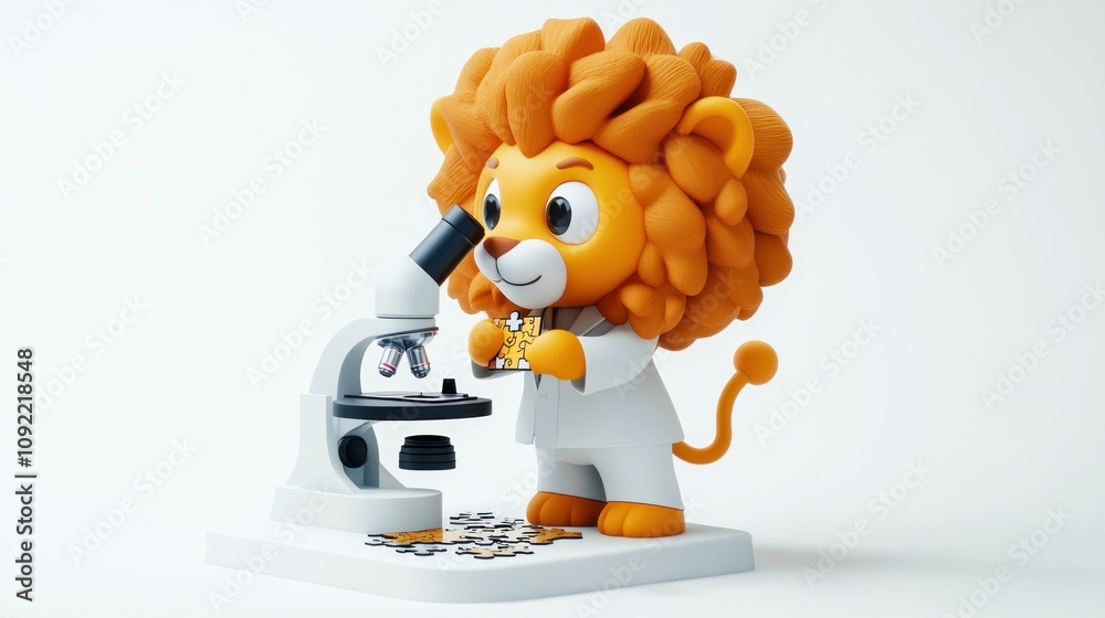 Poster a cartoon lion in a lab coat examines samples under a microscope.