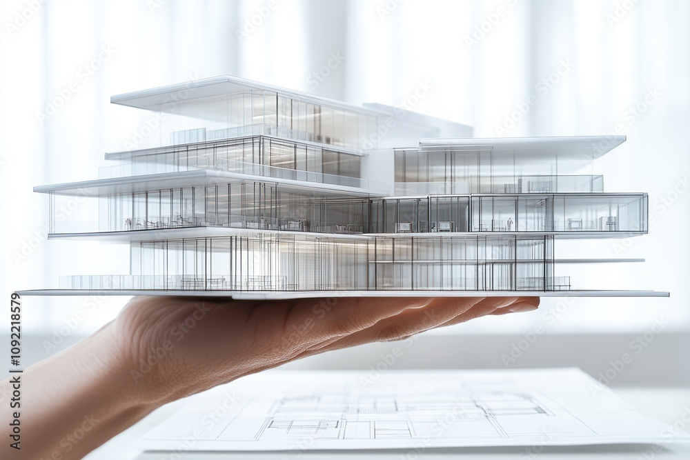 Poster A hand holds a detailed architectural model of a modern building with transparent elements.