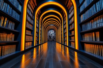 Fototapeta premium A dramatic scene of adults learning in a dim, gothic library with towering shelves of ancient books