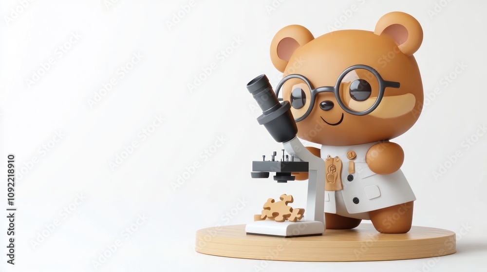 Poster a cute bear character in a lab coat using a microscope, representing science and research.