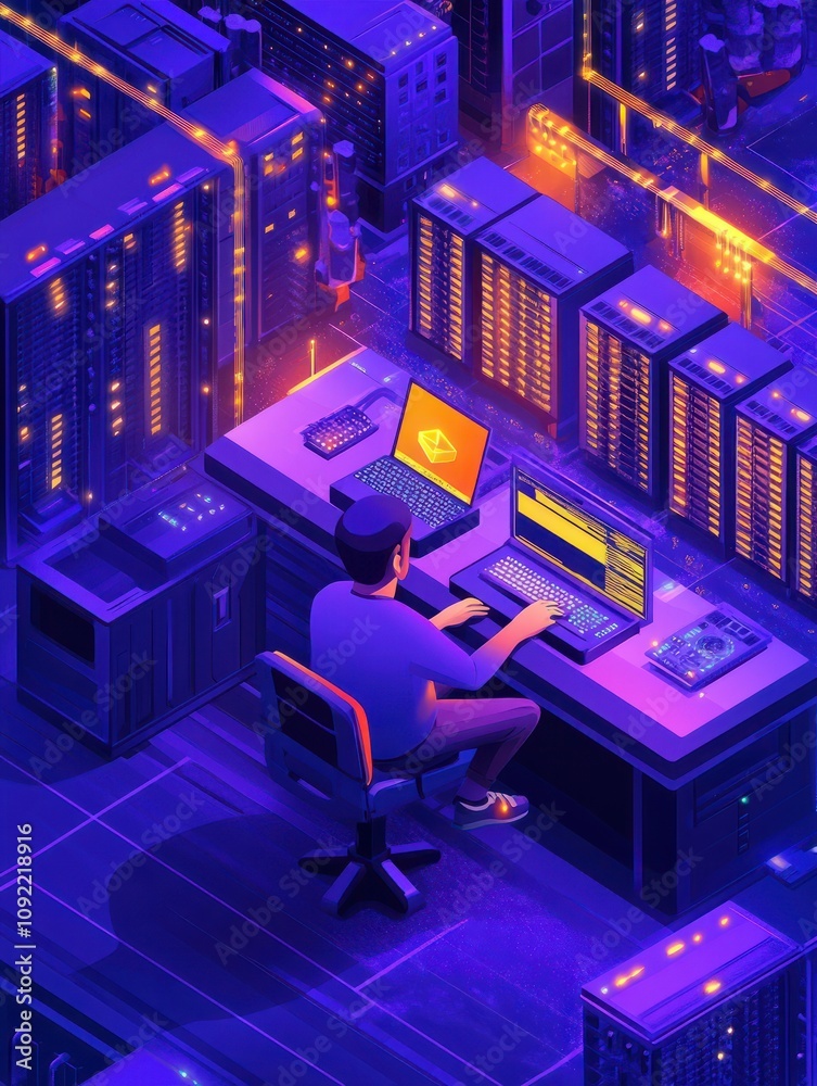 Poster isometric blockchain technology development concept. blockchain developer sitting near gpu mining fa