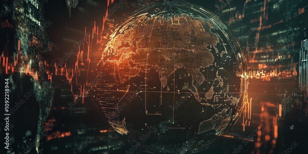 Poster A digital globe surrounded by data visualizations and graphs, symbolizing global connectivity.
