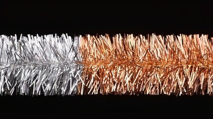 Metallic tinsel in silver and copper hues.