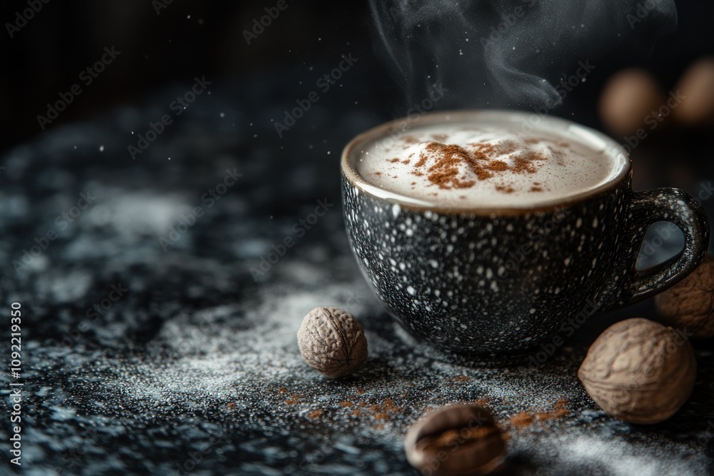Poster a steaming cup of coffee adorned with cinnamon, surrounded by walnuts on a textured surface.