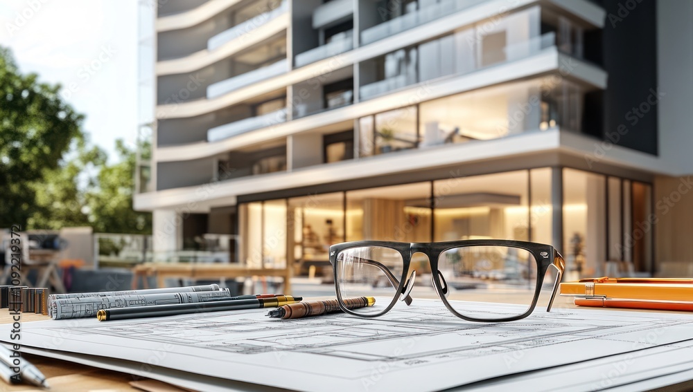 Aufkleber architectural plans and glasses on a table in front of a modern building.