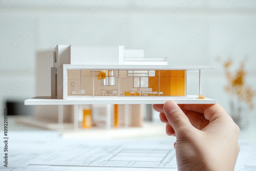 Poster a hand holds a modern architectural model showcasing interior design and layout.