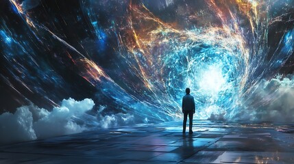 A Solitary Figure Gazing at a Cosmic Vortex