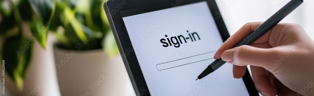 Leinwandbilder A hand using a stylus to sign in on a tablet with a sign-in screen displayed.