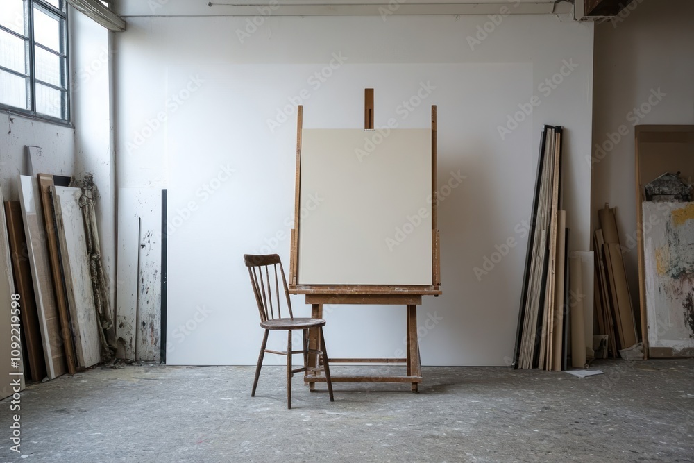 Aufkleber a minimalist art studio featuring an empty easel and chair, ready for creative work.