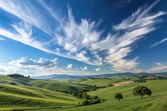 A serene countryside scene with rolling hills a bright blue sky and a few wispy white clouds drifting lazily across it, countryside scene, soft focus
