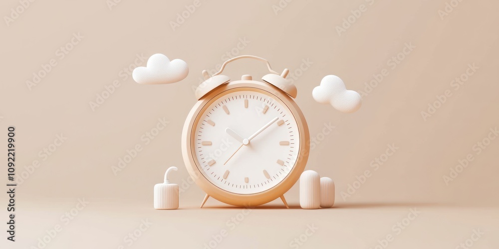Poster A minimalist alarm clock surrounded by soft clouds and shapes, conveying a calming atmosphere.