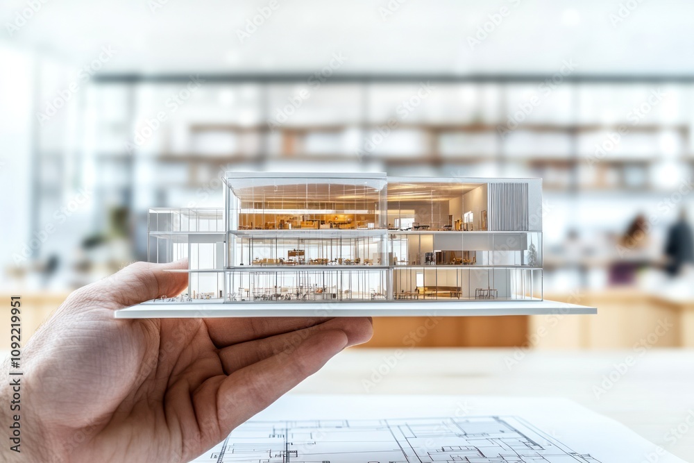 Poster a hand holds a detailed architectural model in a modern workspace.