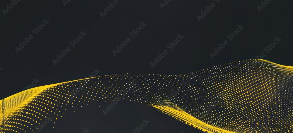 Poster Abstract wave of yellow dots on a dark background, representing data or digital flow.