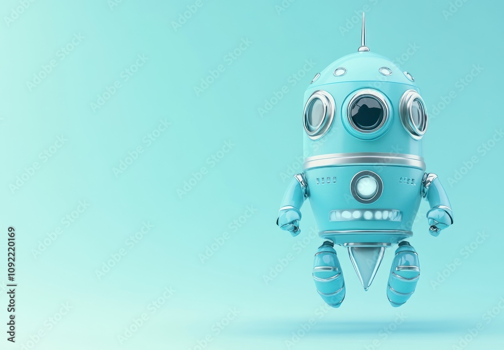 Poster a whimsical blue robot with a retro design, floating against a light background.