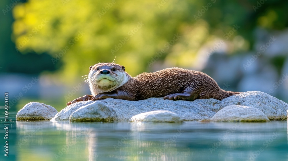 Poster a serene otter lounging on a rock in calm water, surrounded by lush greenery.