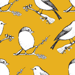 Seamless pattern with funny redbreast birds, flowers, leaves. Flat vector illustration with cartoon bird silhouette. Cute characters. Design for invitation, poster, card, textile, fabric.