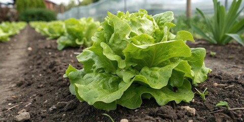 A single freshly harvested green lettuce plant in the garden, nature photography, garden growth, outdoor gardening