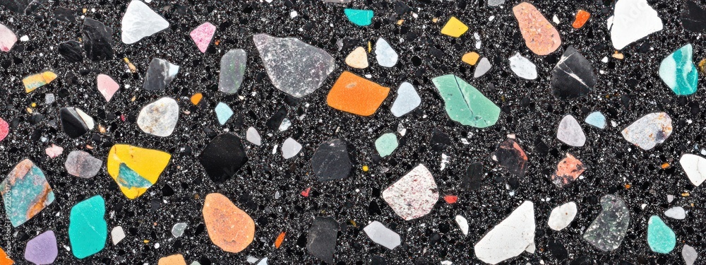 Poster A close-up view of colorful stones embedded in a dark surface, showcasing texture and design.