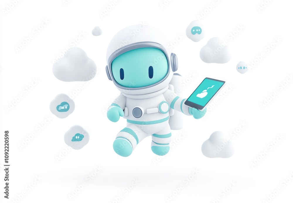 Poster a cute astronaut character holding a smartphone, surrounded by clouds and chat bubbles.