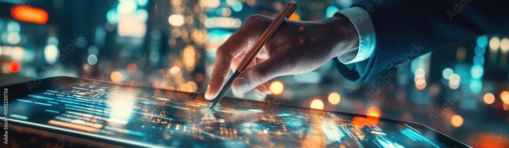 Poster A hand interacts with a digital tablet displaying data in a modern urban setting.