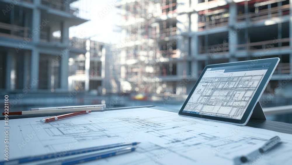 Poster A construction site with blueprints and a tablet displaying architectural plans.
