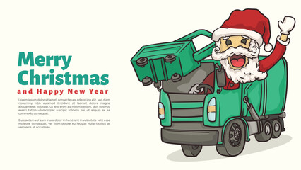 santa clause ridegarbage truck for Recycle andYard Waste Management chirstmas and happy new year greeting card and web page template vector illustration