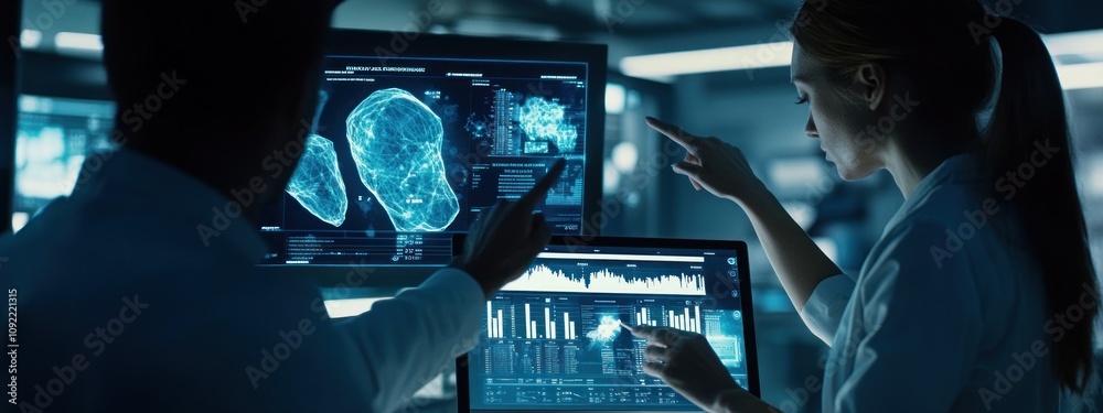 Poster Scientists analyzing data on screens in a high-tech laboratory.