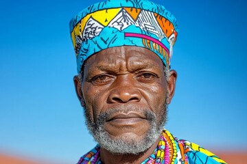 Obraz premium A portrait of an African elder with weathered skin and deep, wise eyes, wearing traditional clothing